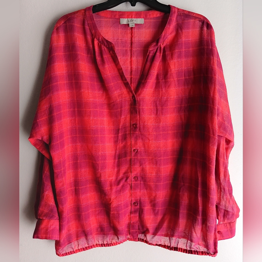 LOFT Red and Pink Plaid Blouse